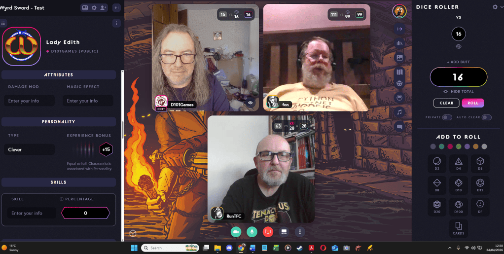  Three bearded men, of various beard lengths, playing the Basic Roleplaying Game Wyrd Sword online using Role Virtual Table Top